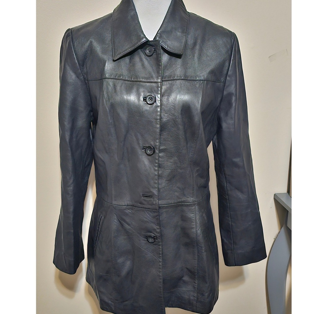 Vakko Sport Womens Black Leather Button Front Mid Length Trench Coat Jacket M